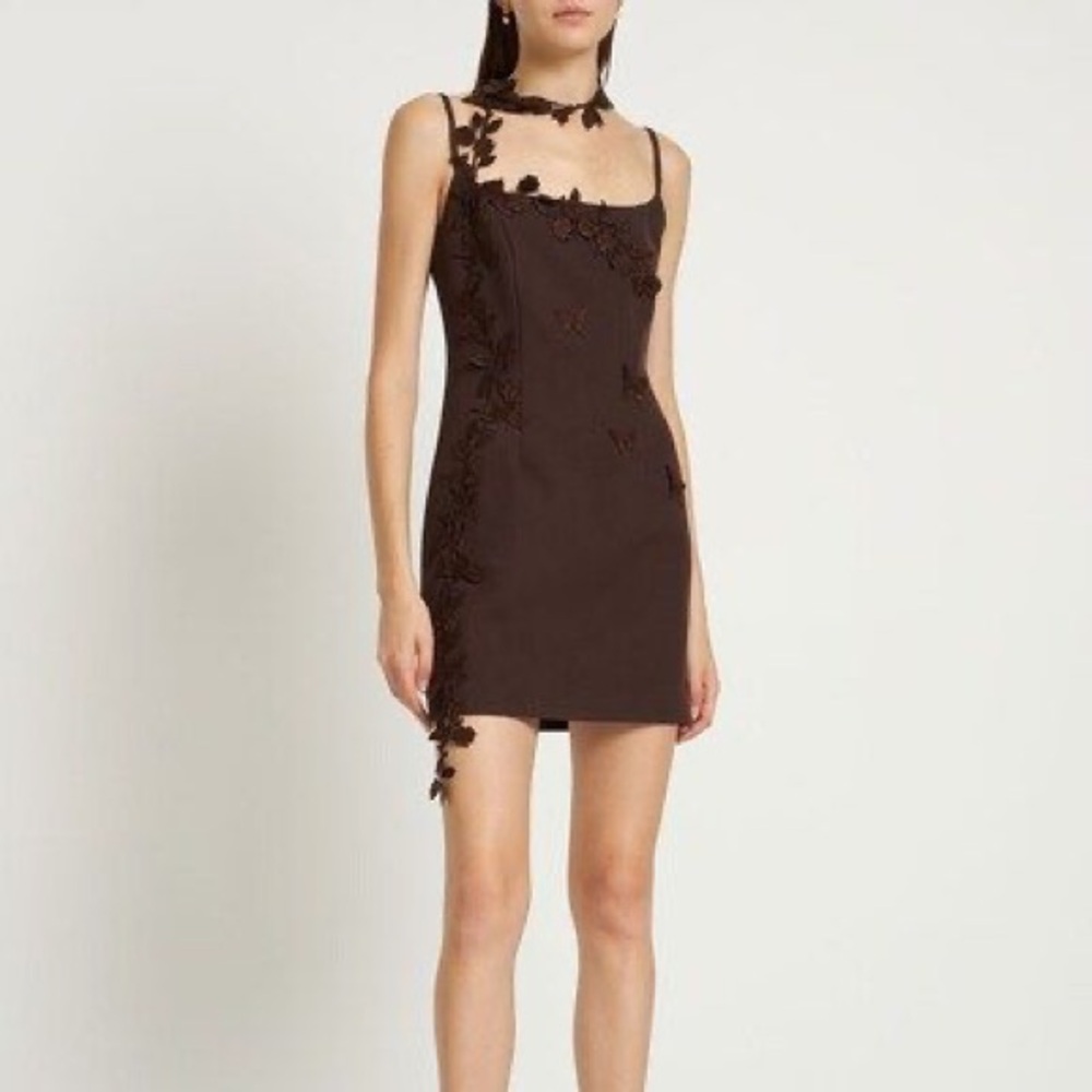 BLUMARINE
Embroidered stretch crêpe mini dress in BROWN!